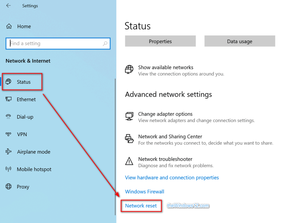 Windows 10 Network & Internet settings, Network reset