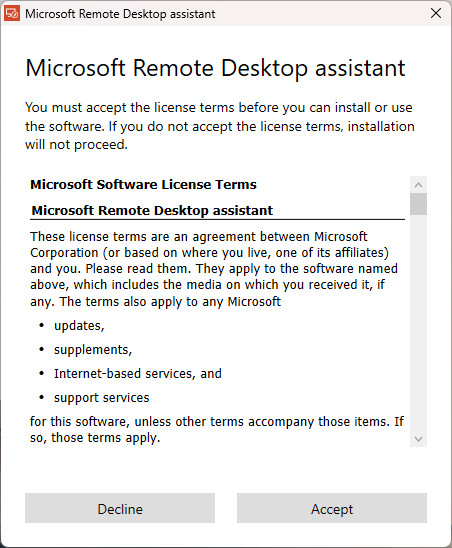 accept license terms of Microsoft Remote Desktop assistant