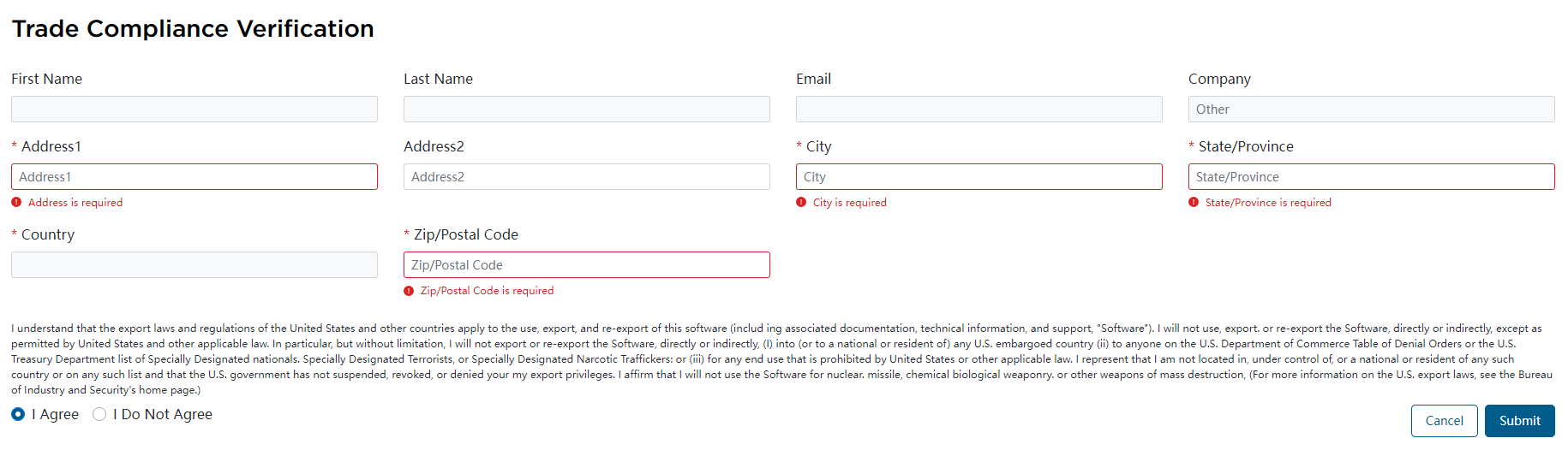 Trade Compliance Verification form Trade Compliance Verification form