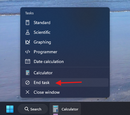 End task in taskbar by right click pop-up menu on Windows 11
