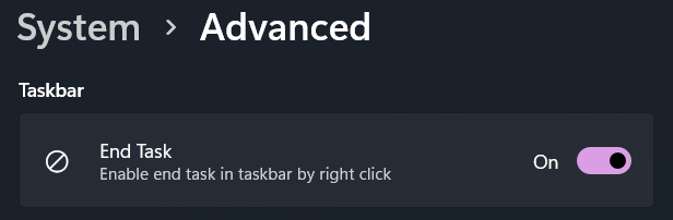 End task in taskbar by right click option in Windows 11 settings