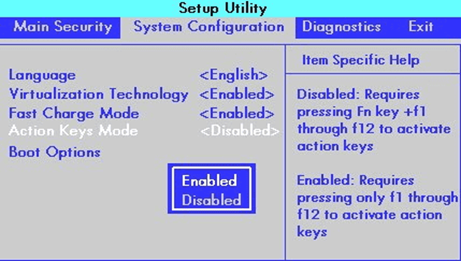 Action Keys Mode configuration in HP BIOS