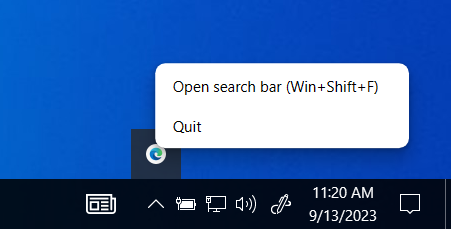 Menu of Microsoft Edge Search Bar in System Tray