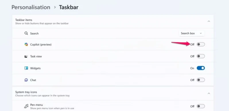 Taskbar settings in Windows 11