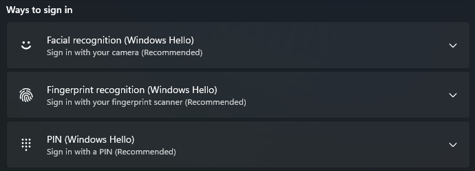 Windows Hello settings