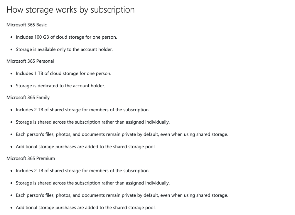 Microsoft 365 storage by plan Microsoft 365 storage by plan, from Microsoft’s support document