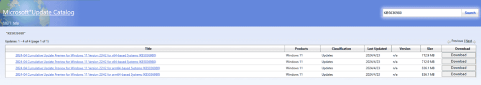 Microsoft Update Catalog search result