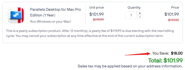 final price with 15% off for Parallels Desktop Pro Edition