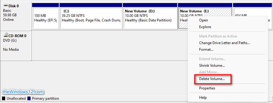 Delete Volume in Windows Disk Management