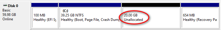 Unallocated space in Windows Disk Management