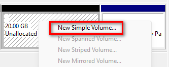 Create a new Simple Volume in Disk Management