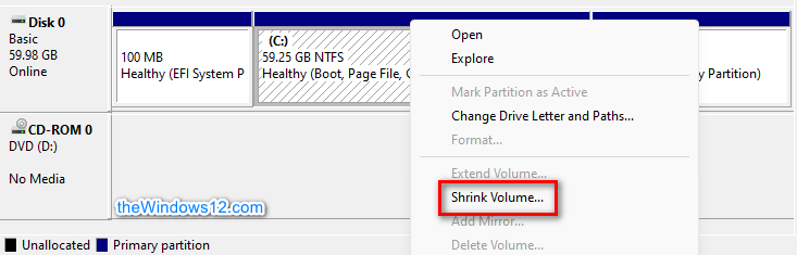 Shrink Volume in Windows Disk Management