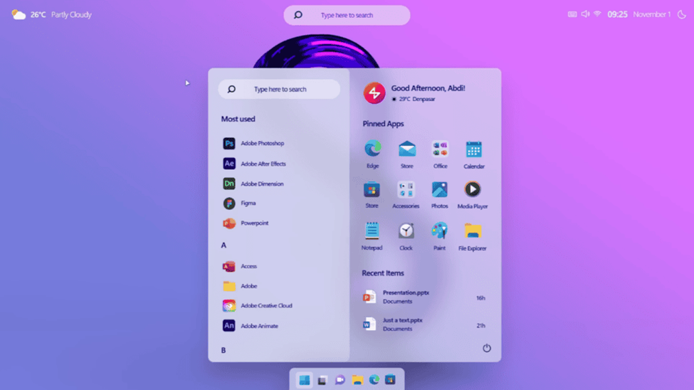 Start Menu in Windows concept