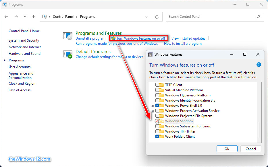 enable Windows Sandbox in Control Panel